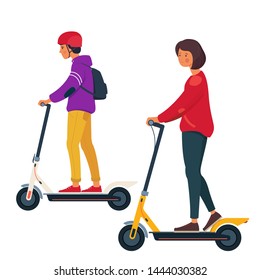 A young man and a woman ride an electric scooters. Personal eco transportation. Vector illustration.