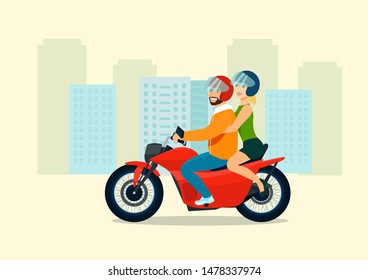 Young man and woman ride a motorcycle. Vector flat style illustration.