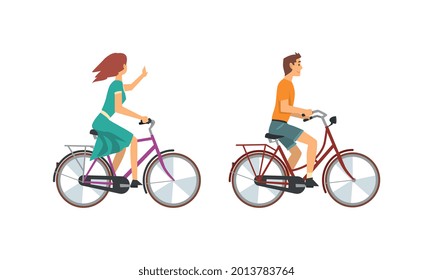 Young Man and Woman Riding Bicycle Enjoying Vacation or Weekend Activity Vector Set