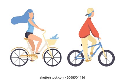 Young Man and Woman Riding Bicycle Vector Set
