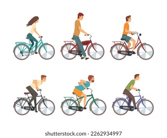 Young Man and Woman Riding Bicycle Enjoying Vacation or Weekend Activity Vector Set