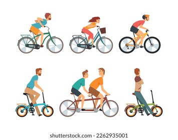 Young Man and Woman Riding Bicycle Enjoying Vacation or Weekend Activity Vector Set