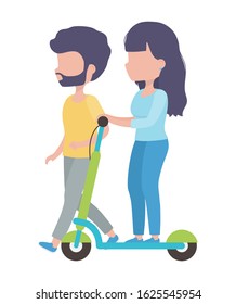 young man and woman riding eletric scooter healthy lifestyle vector illustration