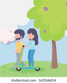 young man and woman riding eletric scooter healthy lifestyle vector illustration
