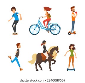 Young Man and Woman Roller Skating, Riding Horse, Bicycle, Hoverboard and Skateboard Along the Road Vector Set