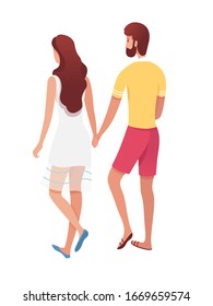 Young man woman romantic couple walking on beach. Happy family people isolated on white background. Honeymoon and rest on tropical resort. View from back. Sea vacation. Vector illustration