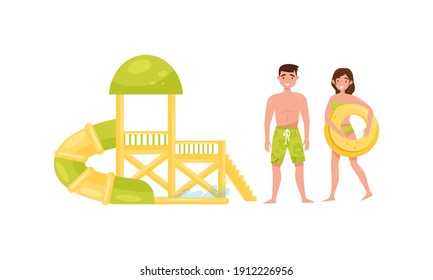 Young Man and Woman with Rubber Ring and Water Slide as Tropical Rest and Beach Resort Vector Set