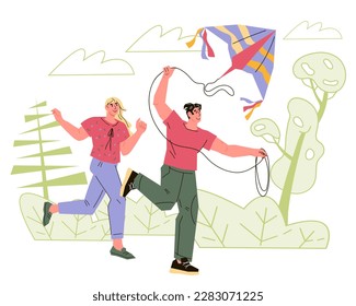 Young man and woman run with air kite on the meadow. Summer activity and active sport games outdoor concept, flat cartoon vector illustration isolated on white background. Romantic youth characters.