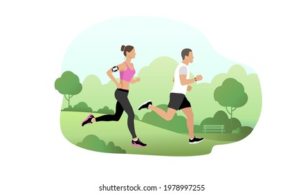 Young man and woman run in the park. A sporty healthy lifestyle. Runners run in the park. Vector illustration