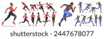Young Man And Woman Runner Athlete Characters Stride, Their Bodies Angled Forward, Legs In Powerful Extension, Arms Pumping Rhythmically, Faces Determined And Focused. Cartoon Vector Illustration, Set