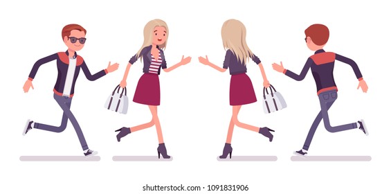 Young man and woman running. Handsome caucasian millennial boy and attractive blonde girl wearing trendy city outfit, youth urban fashion. Vector flat style cartoon illustration, front and rear view