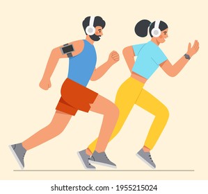 Young man and woman running with headphones. The couple is engaged in sports together. Healthy lifestyle, sport, jogging and self care. Flat vector illustration. 