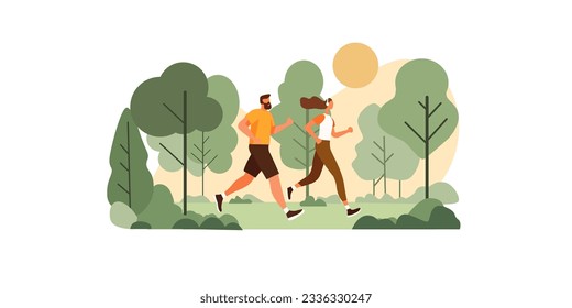 Young man and woman running in the park. The concept of a healthy lifestyle, active recreation, training in the fresh air. Flat illustration.