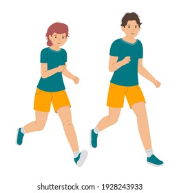 Young man and woman running together, young couple jogging vector illustration