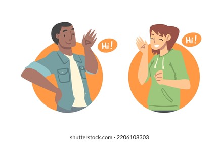 Young man and woman saying Hi. Smiling people waving their hands in greeting gesture cartoon vector illustration
