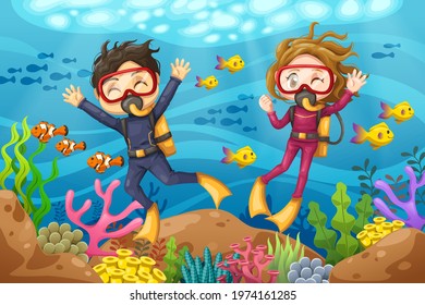 Young man and woman scuba diver with mask dives under the sea, Vector cartoon illustration of underwater landscape with ruins, stones, fishes and couple in diving suit with aqualung