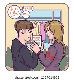 Young man and woman select clothes online. Profitable shopping day concept. Ordering and choosing different products via gadget. Flat vector illustration in cartoon style
