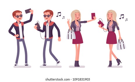 Young man and woman selfie and music fun with smartphone. Handsome millennial boy and attractive blonde girl wearing trendy city outfit, youth urban fashion. Vector flat style cartoon illustration