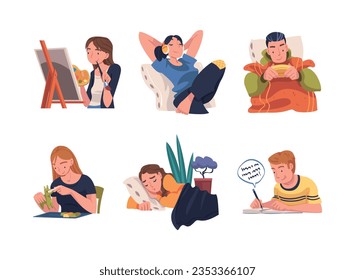 Young Man and Woman in Self-isolation Engaged in Different Activity Vector Illustration Set