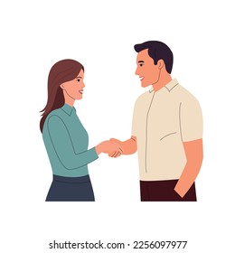 Young man and woman shake hands.  Vector cartoon flat style illustration