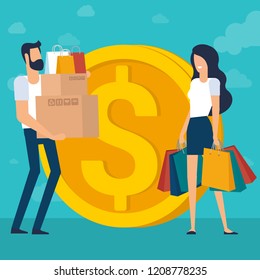 Young man and woman at shopping. Flat desin vector concept with dollar and clear sky background. Ready for animation characters and design elements with shopping bags and boxes.