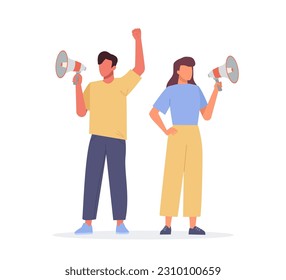 A young man and woman shouting on a megaphone. Male and female activist on protest. Vector character illustration in flat style