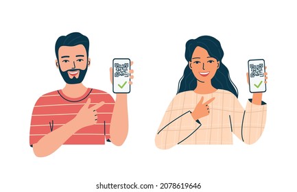 Young man and woman show qr code Covid-19 coronavirus vaccine on phone screen. Digital sanitary pass, vaccine passport. Certificate of vaccination. Allowed to travel. Isolated vector illustration