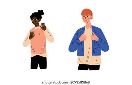 Young Man and Woman Showing Hand Gesture Expressing Emotion and Reaction Vector Set