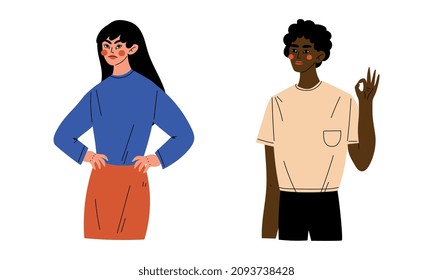 Young Man and Woman Showing Hand Gesture Expressing Emotion and Reaction Vector Set