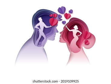 Young man and woman silhouettes looking at each other, giving hearts, vector illustration in paper art style. Couple in love. Romantic relationship.