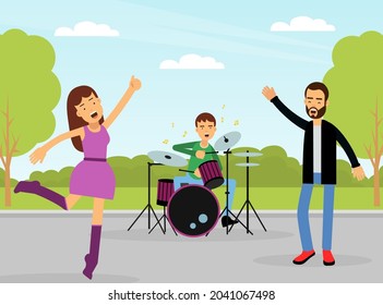 Young Man and Woman Singing and Playing Musical Instrument on the Street Enjoying Hobby Activity Vector Illustration