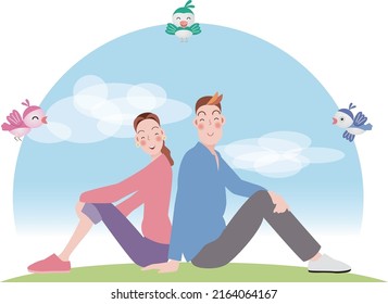 A young man and woman sit back to back in a field under a blue sky, with pretty little birds flying around them.vector illustration
