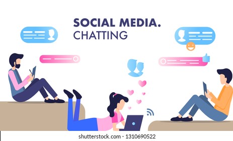 Young Man Woman Sit Lay Use Smartphone Chatting. Friend Character Read News and Write Message. Social Media Communication on Modern Laptop Smart Phone Device. Flat Cartoon Vector Illustration