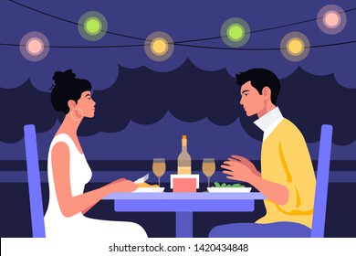 A young man and a young woman sit at the table in profile. Date and business meeting in a cafe. Summer evening in a restaurant on the street. Vector flat illustration