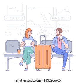 Young man and woman sitting in airport terminal. Flat design vector travel and vacation concept.