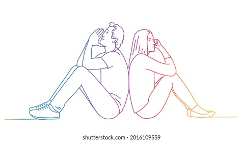 Young man and woman sitting with back to each other and thinking. Rainbow color. Sketch vector illustration.