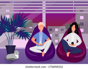 A young man and woman are sitting in a chair and surfing the Internet on their smartphone. Young people use social networks at home. Online search and communication. Flat vector illustration