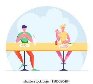 Young Man and Woman Sitting at Desk on High Stools Eating Fastfood in Restaurant. Male and Female Characters Visiting Junk Food Cafe on Weekend. Leisure Rest Sparetime. Flat Vector Illustration
