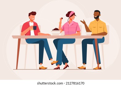 Young Man and Woman Sitting and Eating Together Vector Illustration, Friendly hangout vector concept