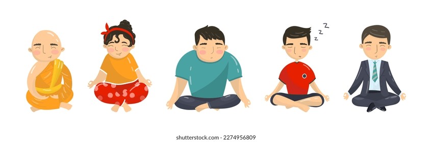 Young Man and Woman Sitting in Lotus Pose and Meditating Vector Illustration Set