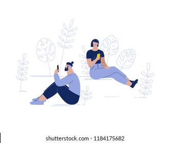 Young man and woman are sitting on the ground and using their smartphones. couple reading news, social network, outdoor, nature and technology concept vector illustration. character design 