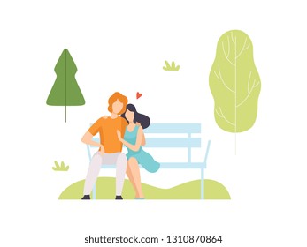 Young Man and Woman Sitting on Bench in Park, People Relaxing and Enjoying Nature Outdoors Vector Illustration