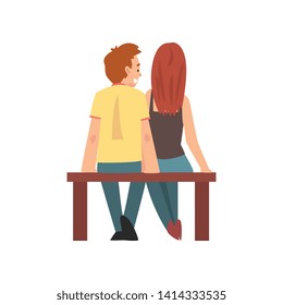 Young Man and Woman Sitting on Bench, Happy Romantic Couple on Date, Back View, Happy Lovers Characters Vector Illustration