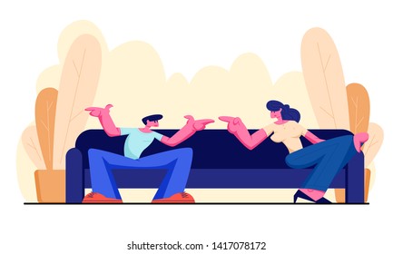 Young Man and Woman Sitting on Sofa at Home Having Active Conversation. People Chatting, Discussing, Family Spare Time, Friends Meeting, Wife and Husband Quarrel. Cartoon Flat Vector Illustration