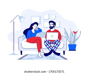 Young man and woman sitting on the couch with a laptop. Couple talking and having fun in modern cozy home. Cartoon and home furnishing vector illustration