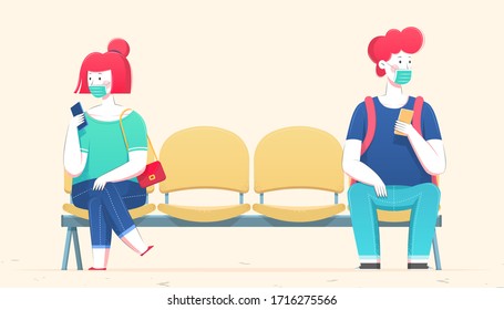 Young man and woman sitting on waiting chairs while keeping social distancing, cute element designed in flat style isolated on beige background