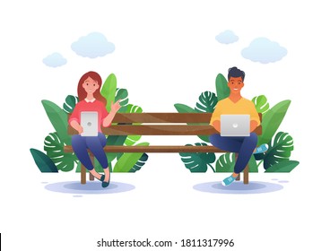 Young man and woman sitting on the park bench working on laptop and smart device. Smart working and learning concept vector illustration