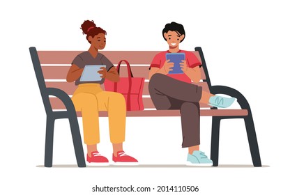 Young Man and Woman Sitting on Bench in Park with Gadgets in Hands and Communicating Online in Internet. Social Media Networking, Virtual Communication, Addiction. Cartoon Vector Illustration.