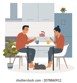 Joven sentado en las sillas con smartphones en la cocina. El gato está echado debajo de la mesa. Ilustración plana del vector