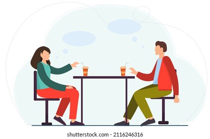 Young man and woman are sitting at the table and talking to each other, have conversation or discuss something, flat vector illustration